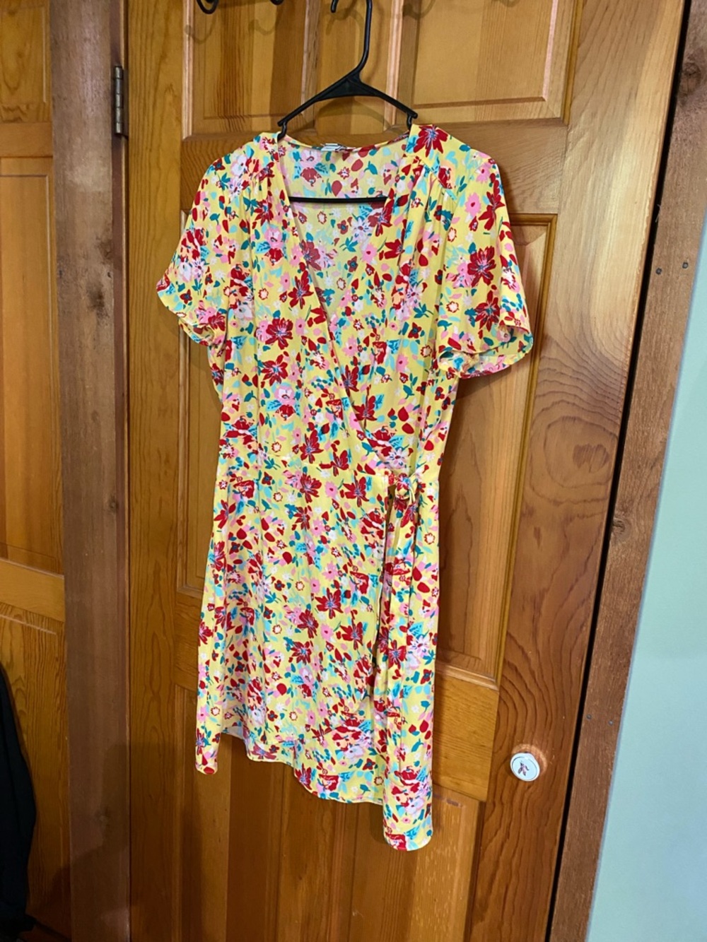 J. Crew Factory Yellow Floral Wrap Mini Dress with Red & Blue Accents